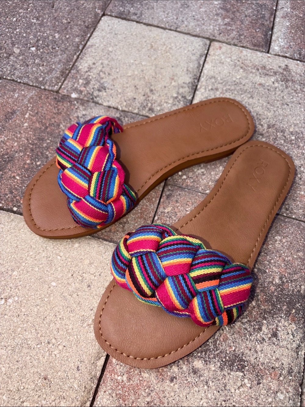 Roxy Multicolor Braided Strap Tan Slide Sandals